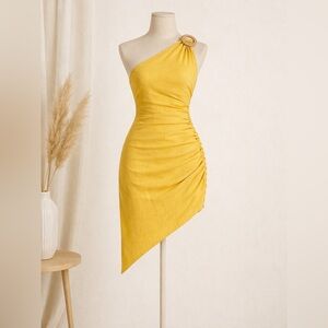 Zara One-Shoulder Yellow Ruched Asymmetric Linen Blend Mini Dress S